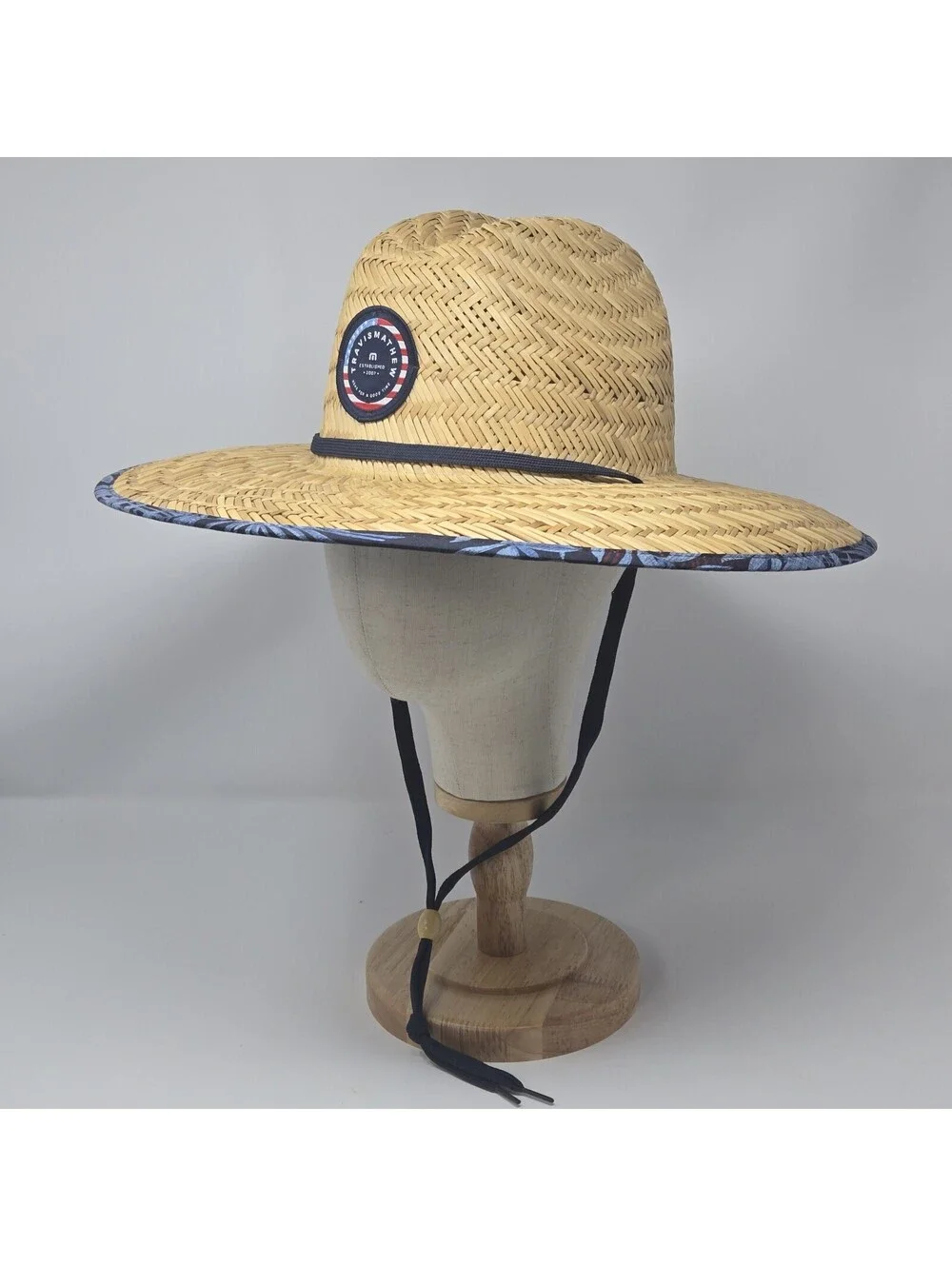 TravisMathew Straw Lifeguard Sun Hat Wide Brim Chin Strap Blue Trim New One Size